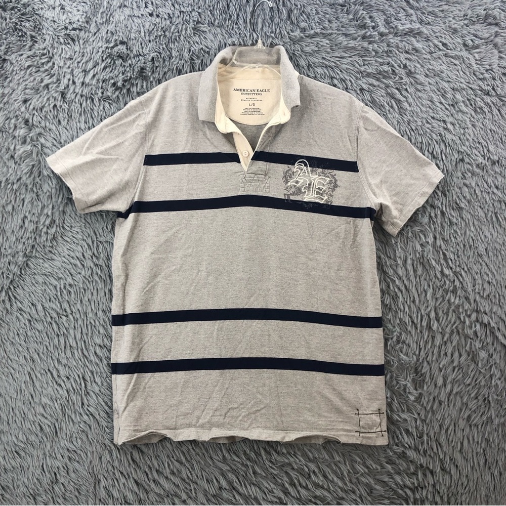 American Eagle Outfitters Polo Shirt Mens Large Gray Navy Striped Thick Soft